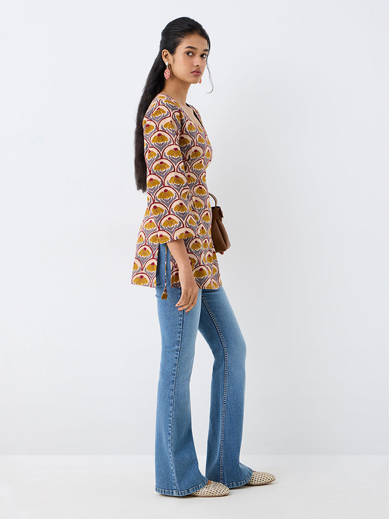 Utsa Light Brown Floral Design Tie-Up Detail Tunic