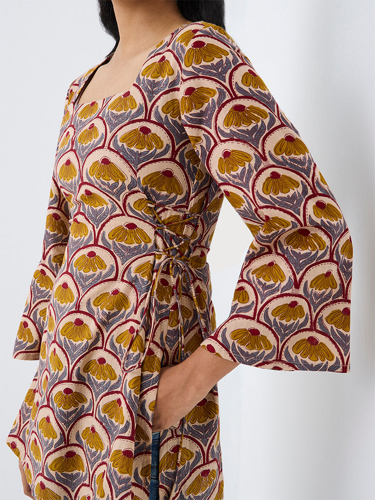 Utsa Light Brown Floral Design Tie-Up Detail Tunic
