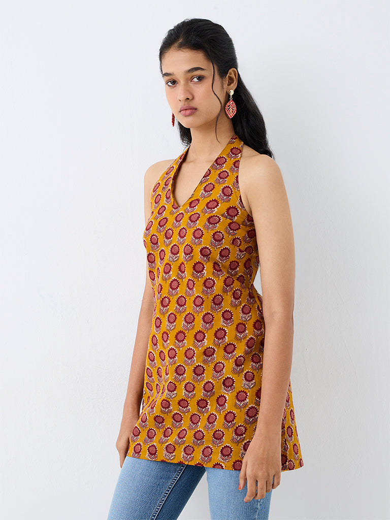 Utsa Mustard Botanical Design Straight Kurti
