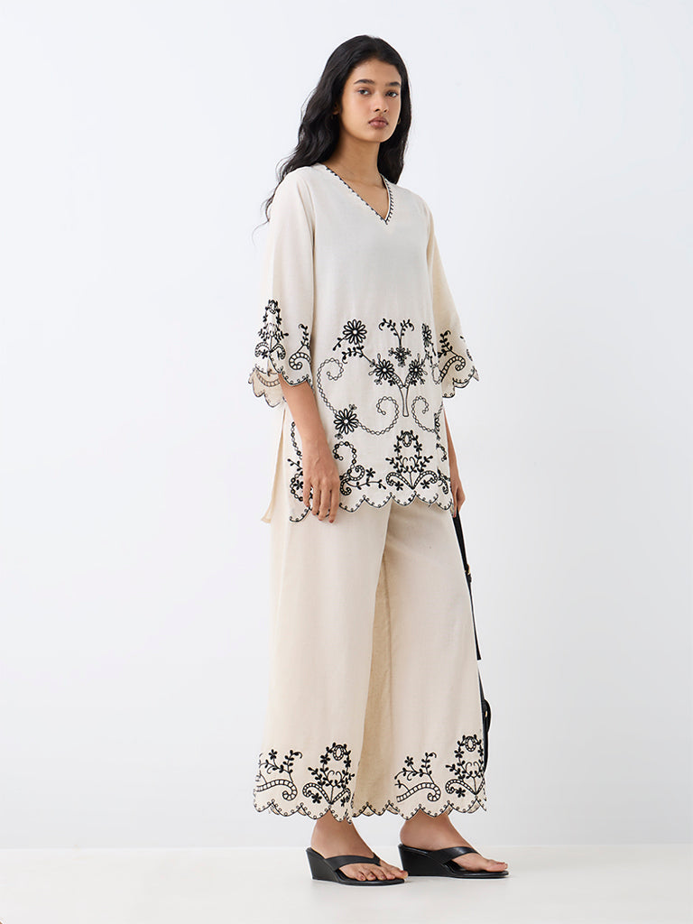 Utsa Beige Floral Embroidered Cotton-Blend Pants