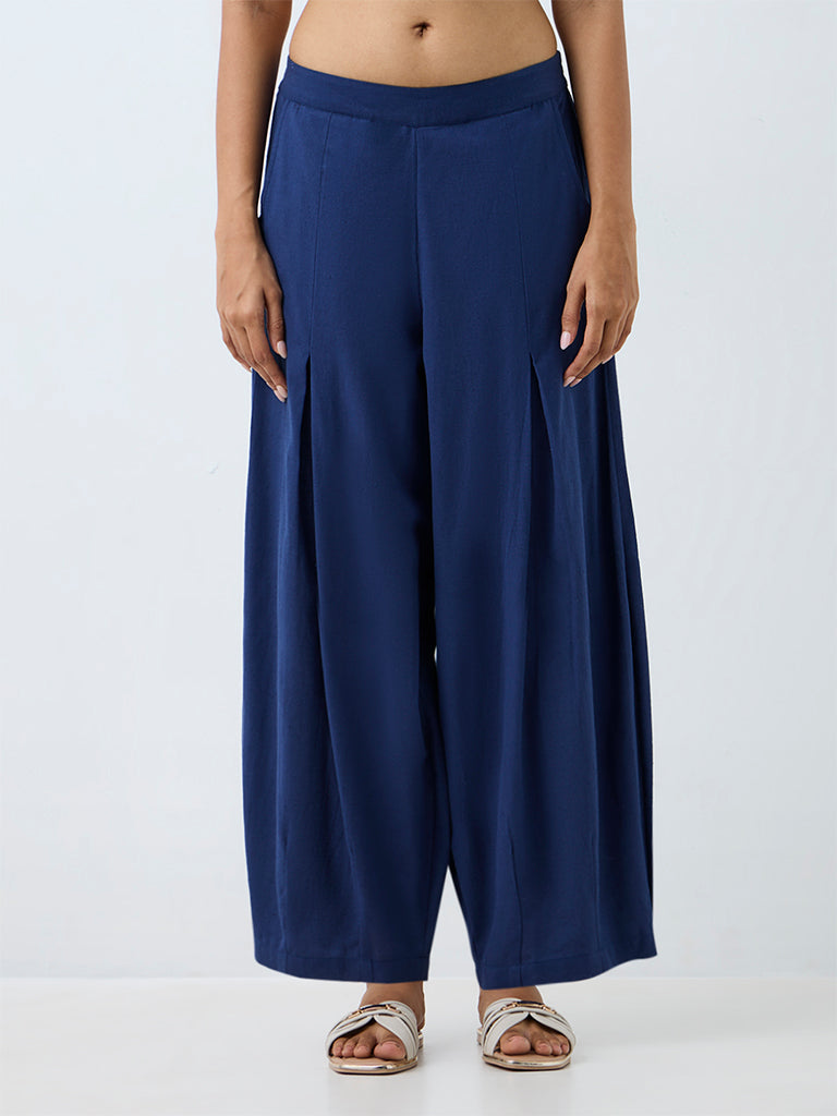 Utsa Indigo Pleated Cottton-Blend Palazzos
