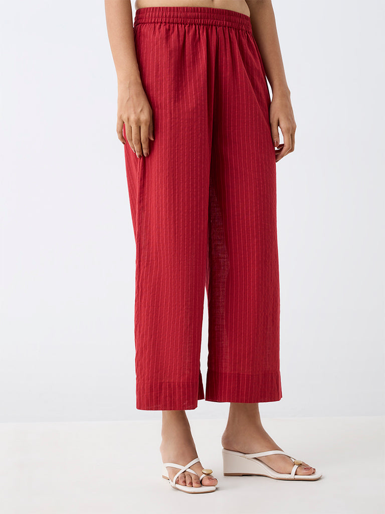 Utsa Red Striped Cotton Pants