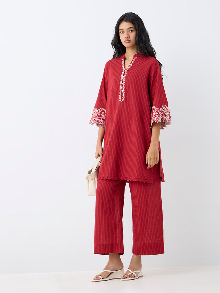 Utsa Red Striped Cotton Pants