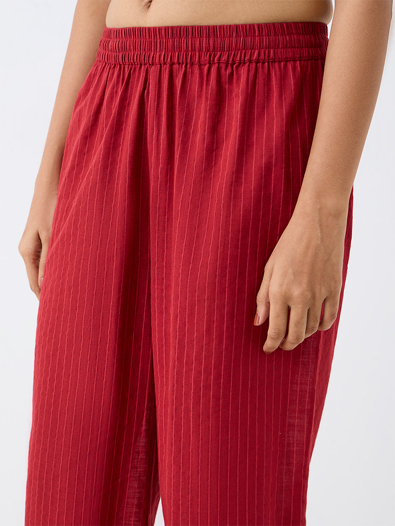 Utsa Red Striped Cotton Pants