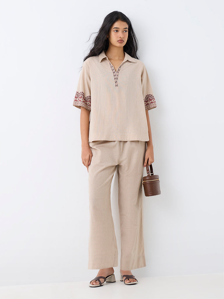 Utsa Light Beige Striped Cotton-Blend Pants