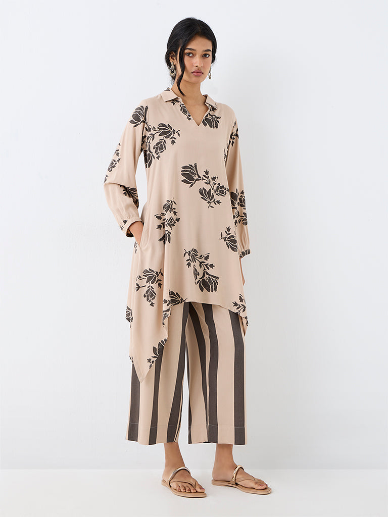 Utsa Beige Striped Pants