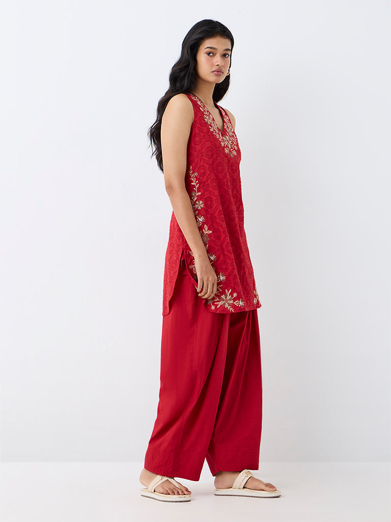 Utsa Red Solid Cotton Farshi Salwar