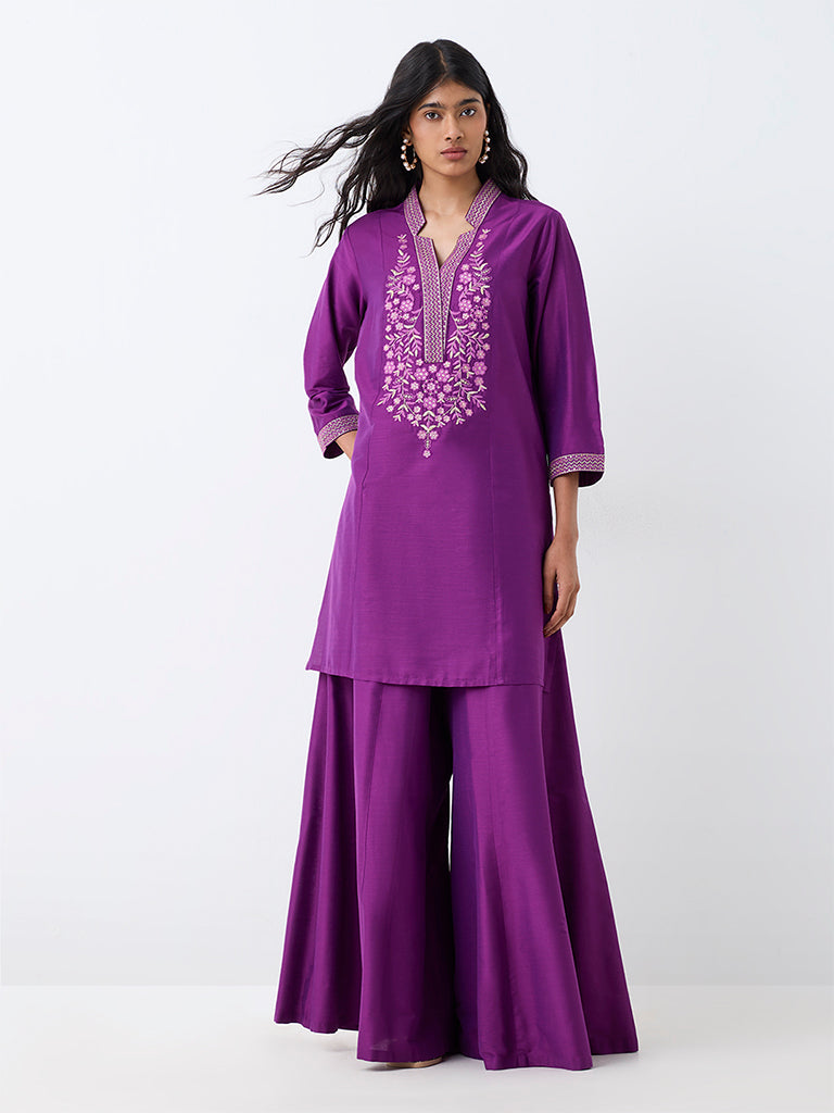 Utsa Purple Tie-Up Detail Flared Palazzos