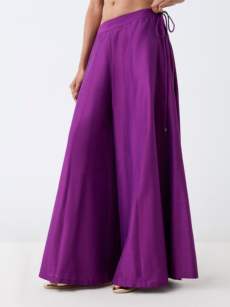 Utsa Purple Tie-Up Detail Flared Palazzos
