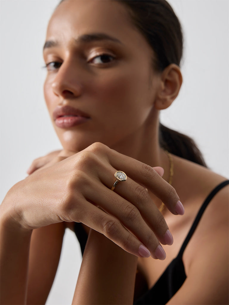 Pome Luxe Gold Oval Bezel Lab Diamond Solitaire Ring
