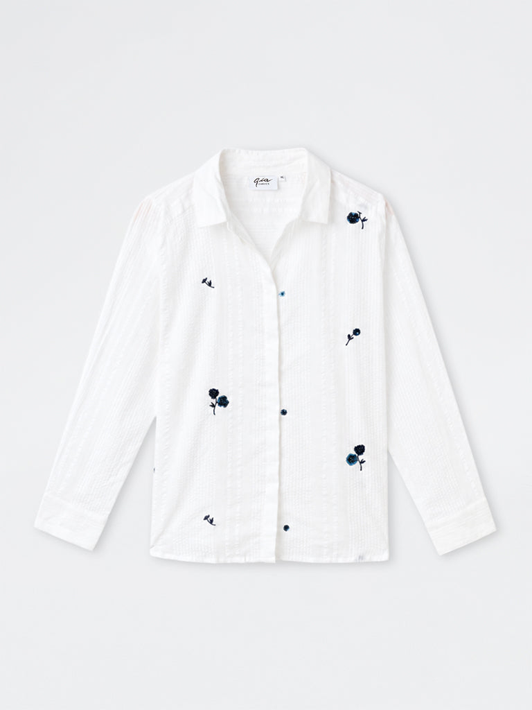 Gia White Floral Embroidered Cotton Shirt
