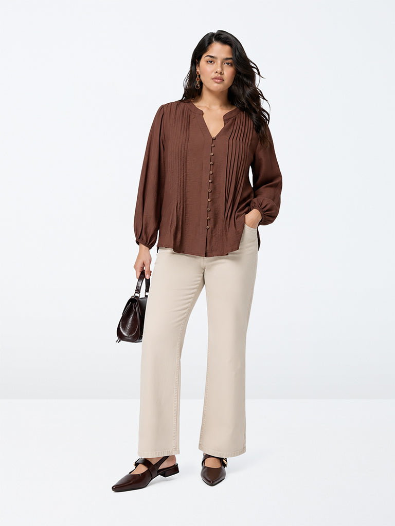 Gia Dark Brown Pintuck-Detail Blouse