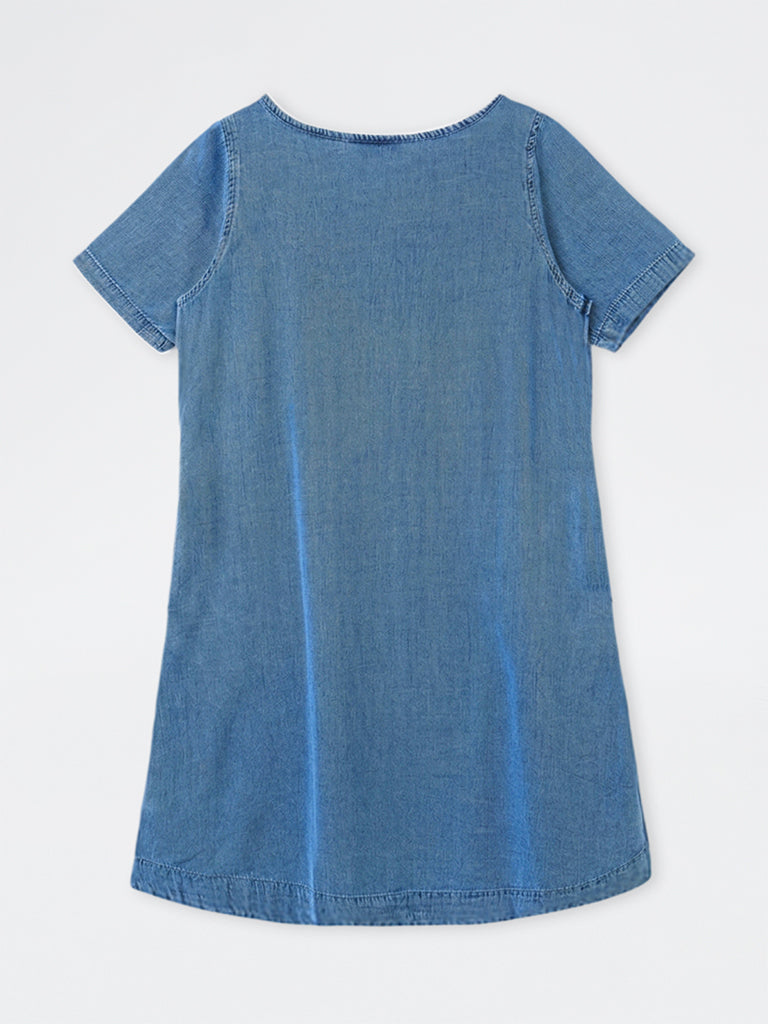 Gia Blue Solid Denim Cotton Straight Dress