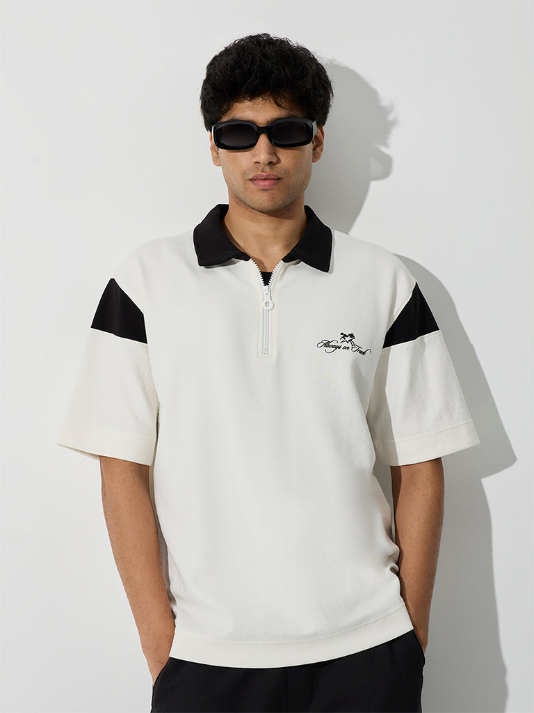 Nuoflexx Off-White Typography Relaxed-Fit Quarter-Zip Cotton-Blend Polo T-Shirt