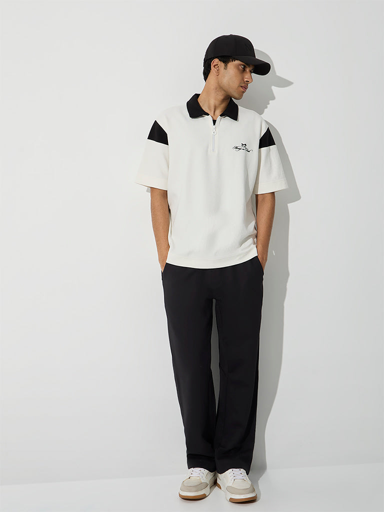 Nuoflexx Off-White Typography Relaxed-Fit Quarter-Zip Cotton-Blend Polo T-Shirt