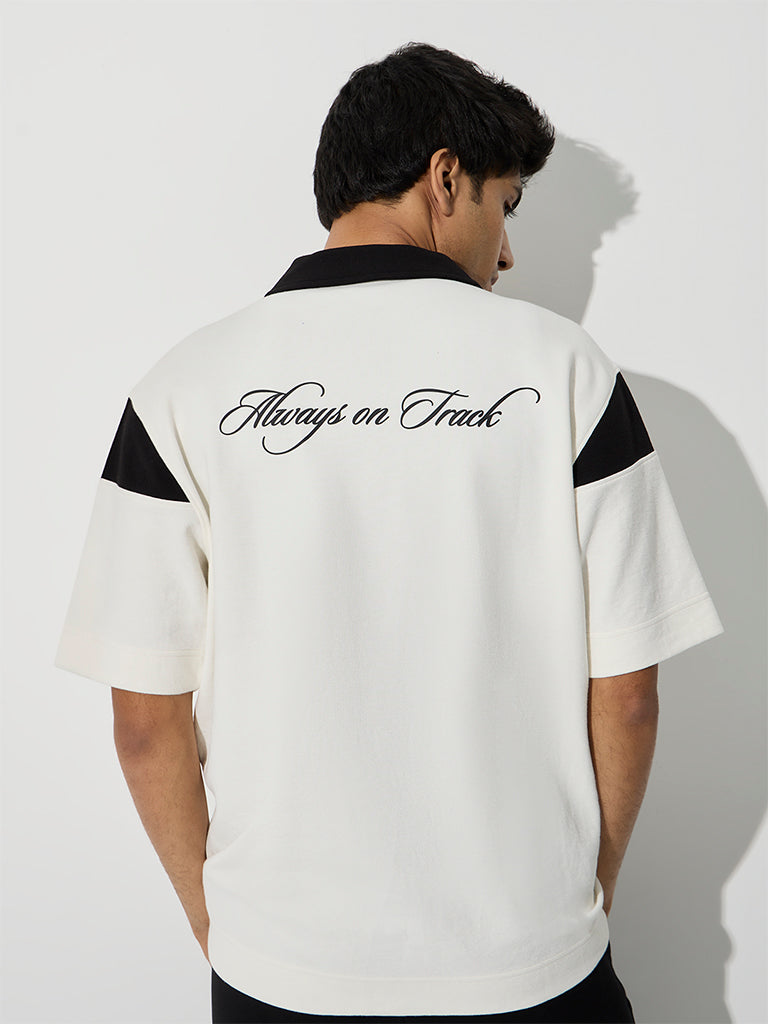 Nuoflexx Off-White Typography Relaxed-Fit Quarter-Zip Cotton-Blend Polo T-Shirt
