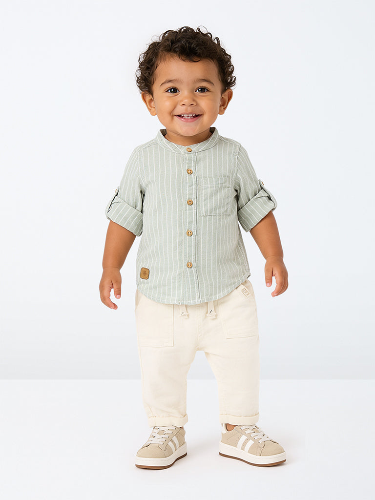 HOP Baby Boys Sage Striped Cotton Shirt and Pant Set