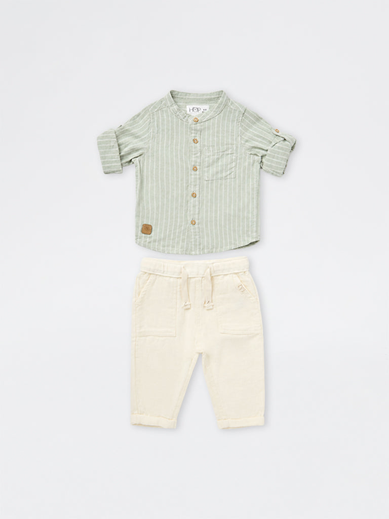 HOP Baby Boys Sage Striped Cotton Shirt and Pant Set
