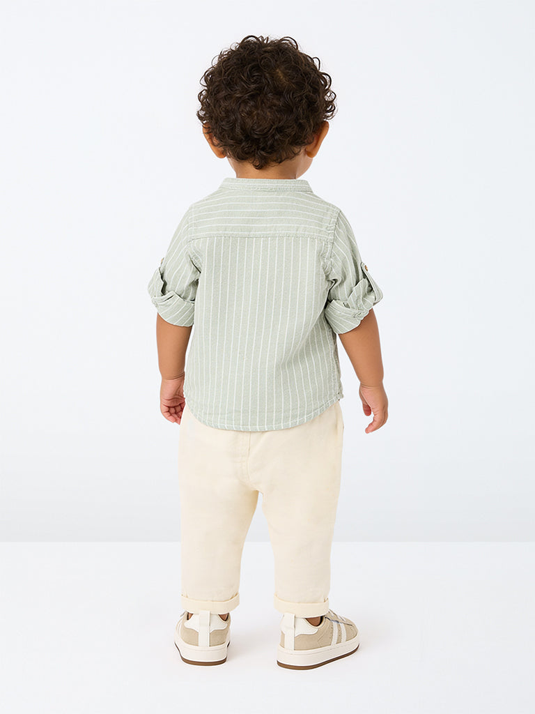 HOP Baby Boys Sage Striped Cotton Shirt and Pant Set