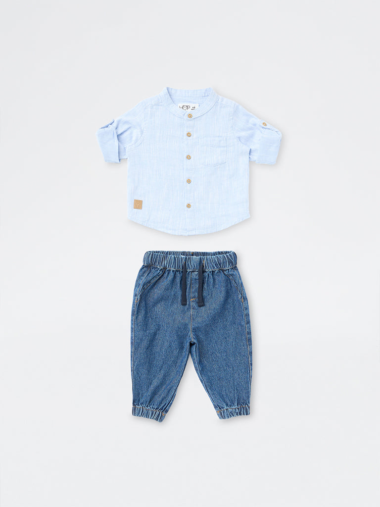 HOP Baby Boy Light Blue Textured Cotton Shirt and Joggers Set