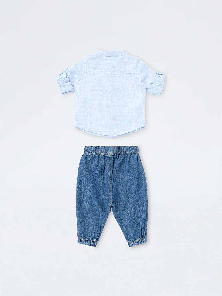 HOP Baby Boy Light Blue Textured Cotton Shirt and Joggers Set