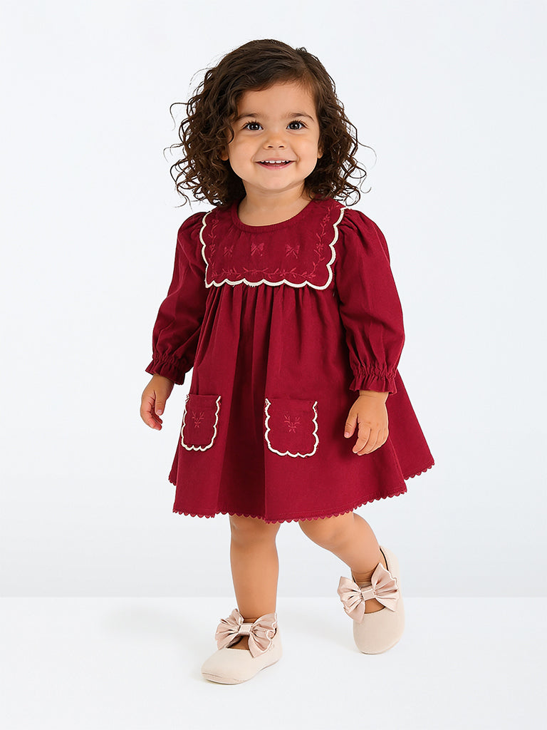 HOP Baby Girls Red Corduroy Cotton A-Line Dress
