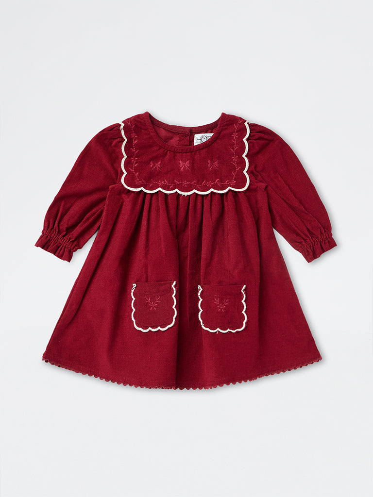 HOP Baby Girls Red Corduroy Cotton A-Line Dress