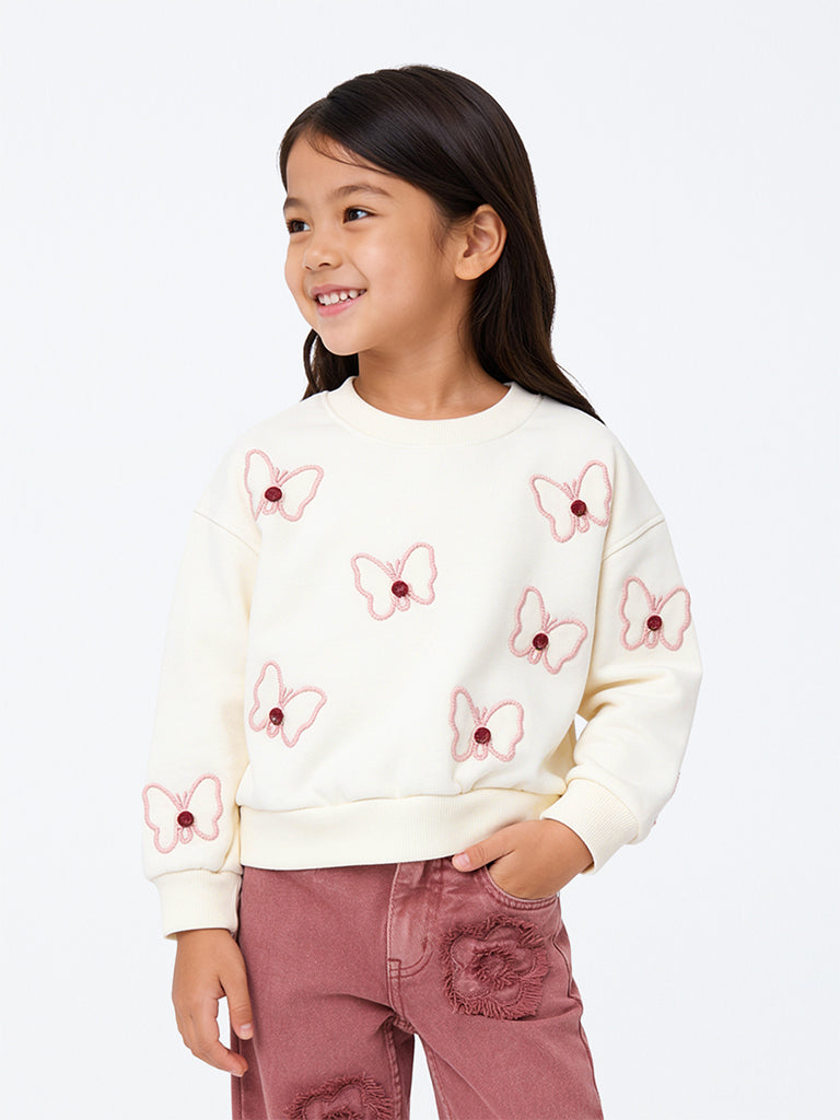 HOP Kids Girls Off-White Butterfly Embroidered Cotton-Blend Sweatshirt