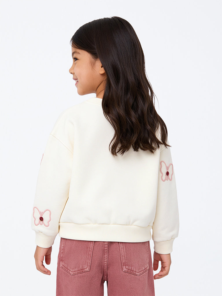 HOP Kids Girls Off-White Butterfly Embroidered Cotton-Blend Sweatshirt