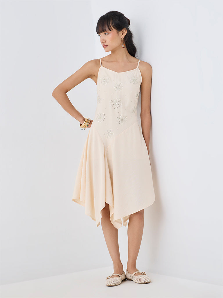Bombay Paisley Off-White Embroidered Cotton-Blend Asymmetrical Dress