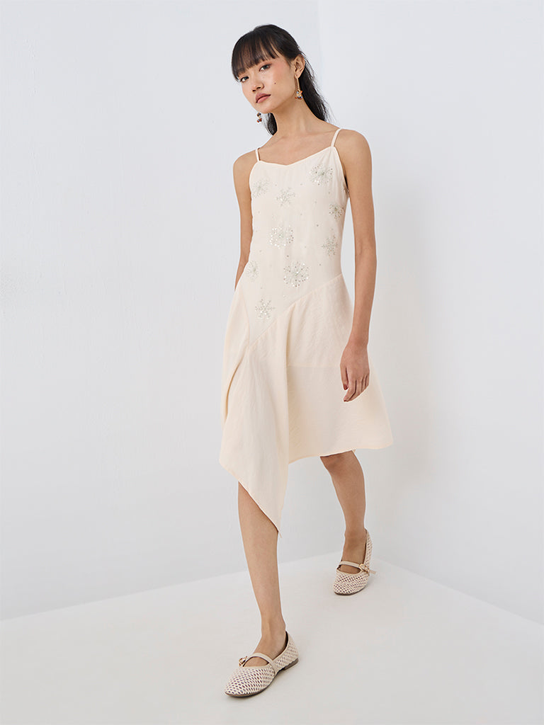 Bombay Paisley Off-White Embroidered Cotton-Blend Asymmetrical Dress