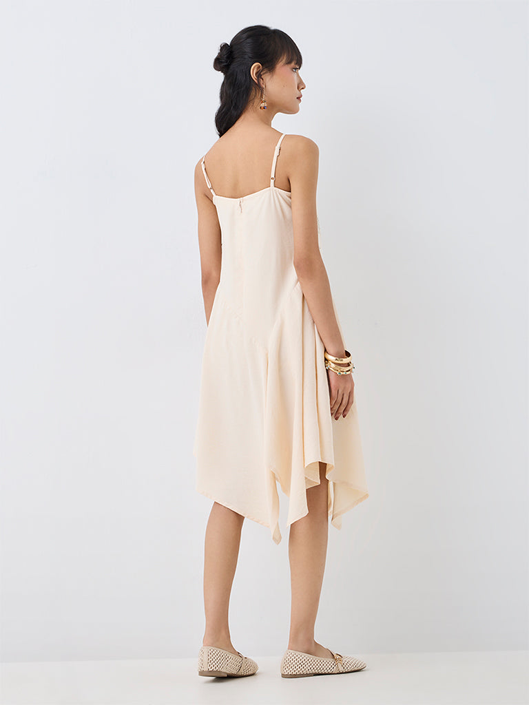 Bombay Paisley Off-White Embroidered Cotton-Blend Asymmetrical Dress