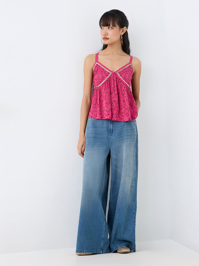 Bombay Paisley Pink Floral Embellished Peplum Cotton Top