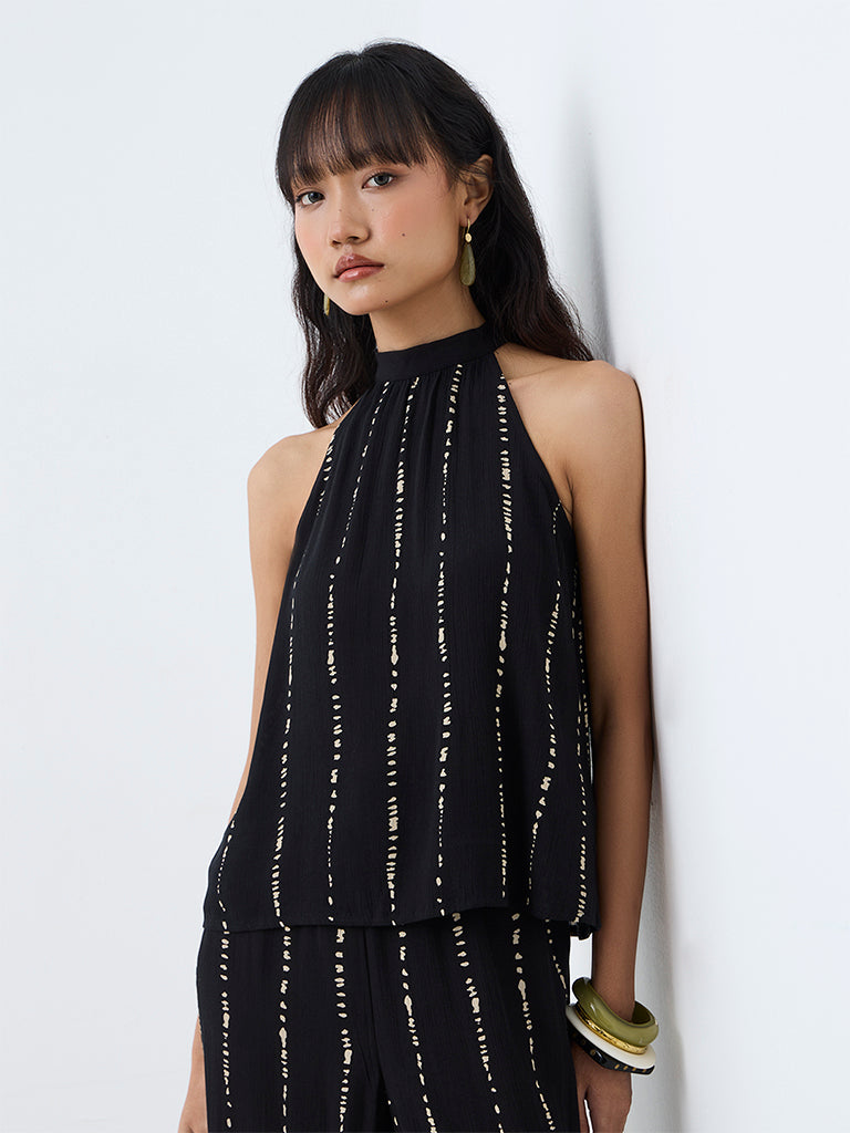 Bombay Paisley Black Striped Halter-Neck Top
