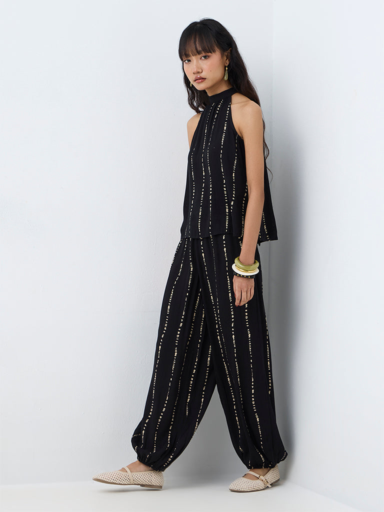 Bombay Paisley Black Striped Halter-Neck Top