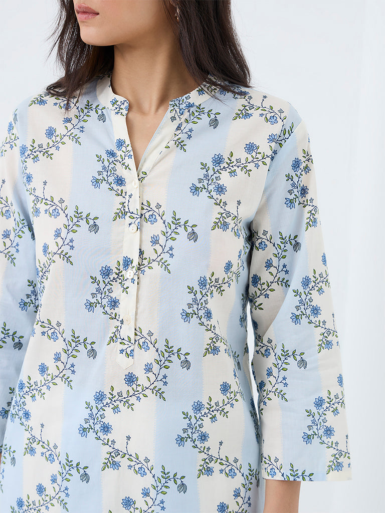 Utsa Light Blue Floral Printed Cotton Straight Kurta