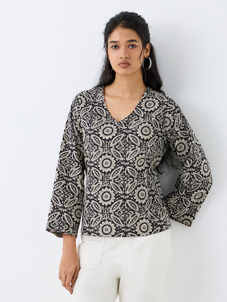 Utsa Black Floral Printed Cotton Tunic