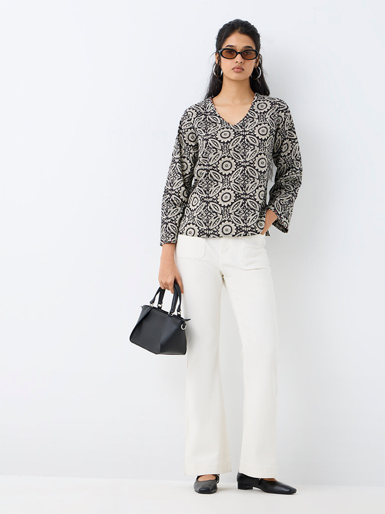 Utsa Black Floral Printed Cotton Tunic