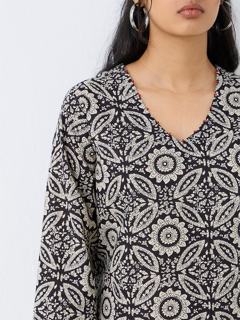 Utsa Black Floral Printed Cotton Tunic