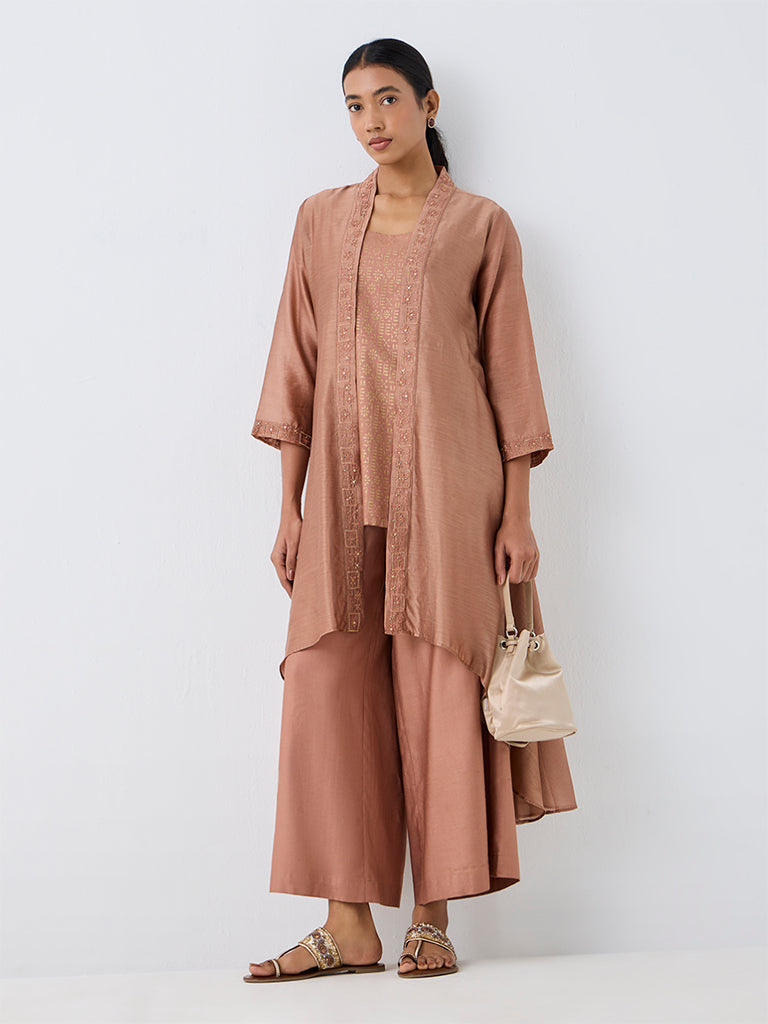 Zuba Dusty Pink Floral Design Cotton-Blend Kurti with Embroidered Jacket