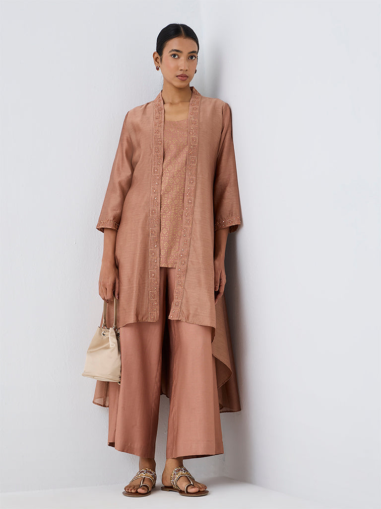 Zuba Dusty Pink Floral Design Cotton-Blend Kurti with Embroidered Jacket