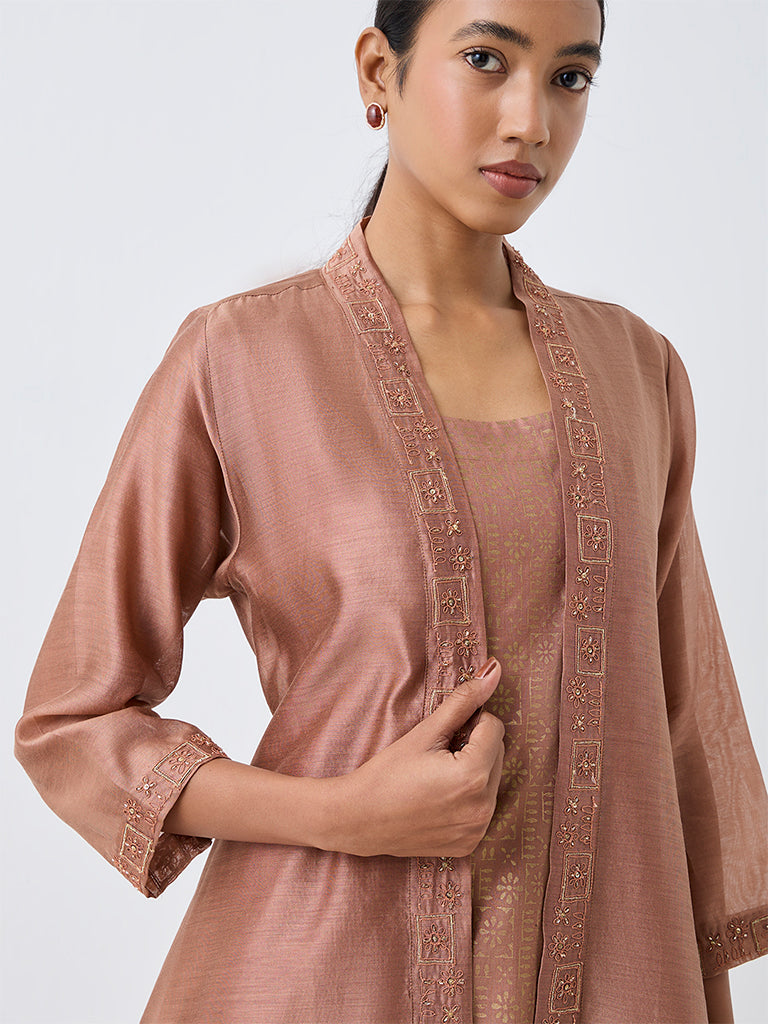 Zuba Dusty Pink Floral Design Cotton-Blend Kurti with Embroidered Jacket