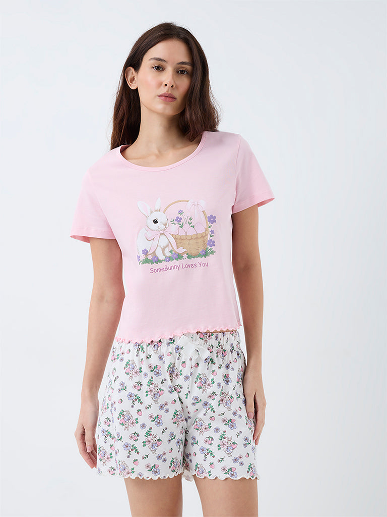 Wunderlove Light Pink Bunny Printed Cotton T-Shirt and Shorts Set