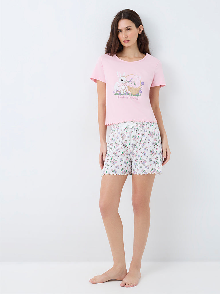 Wunderlove Light Pink Bunny Printed Cotton T-Shirt and Shorts Set