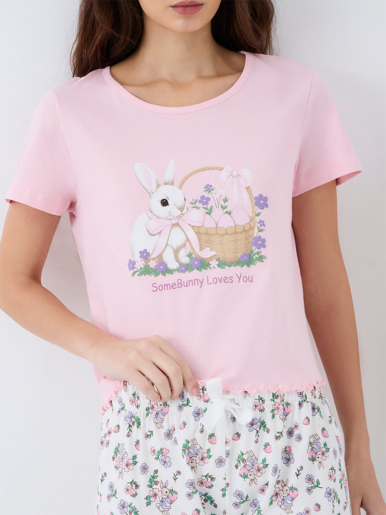 Wunderlove Light Pink Bunny Printed Cotton T-Shirt and Shorts Set