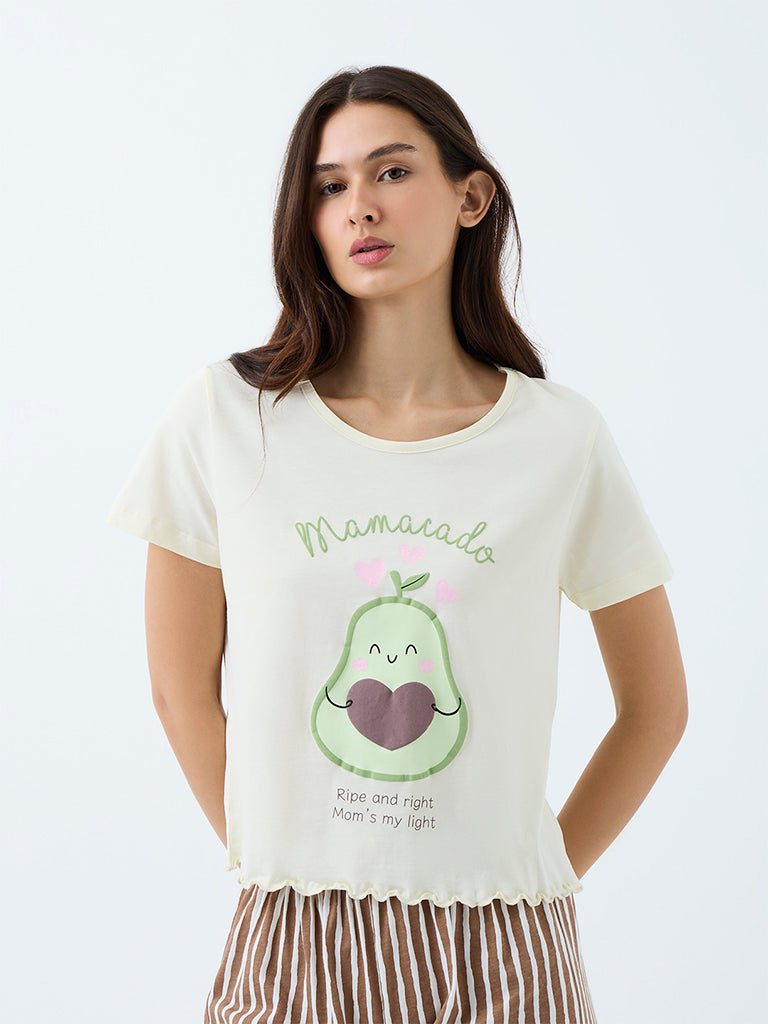Wunderlove Off-White Graphic Printed Cotton T-Shirt and Shorts Set