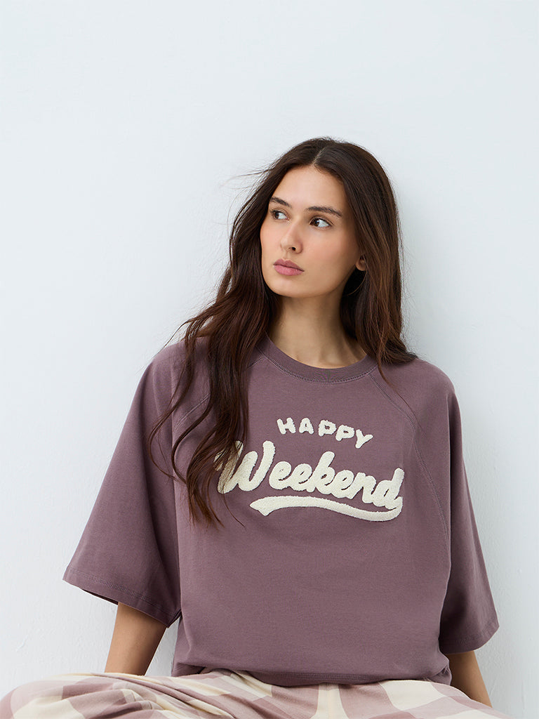 Wunderlove Dark Mauve Text Embroidered Cotton T-Shirt and Pants Set