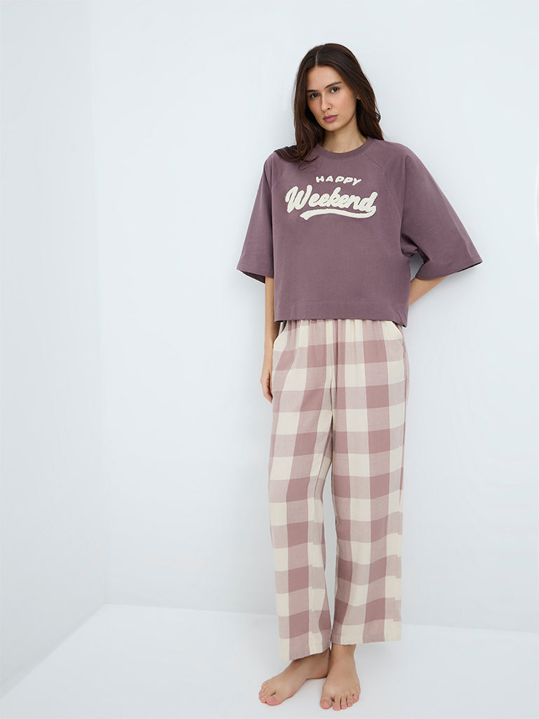 Wunderlove Dark Mauve Text Embroidered Cotton T-Shirt and Pants Set
