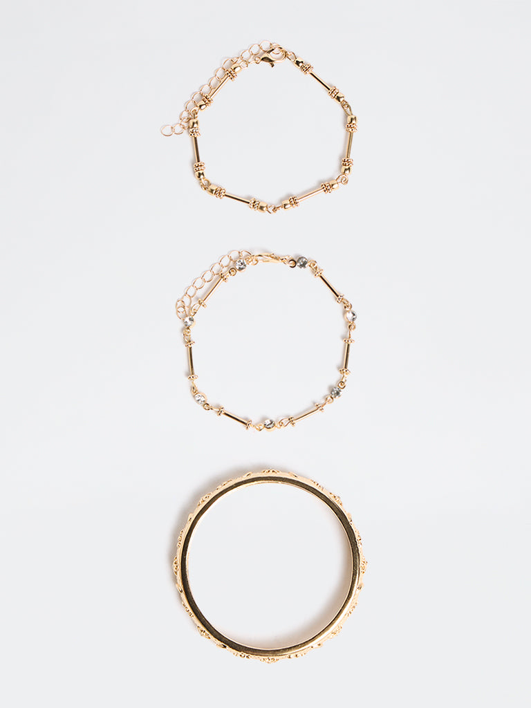 Westside Accessories Gold Textured Bangle and Chain Bracelets - Pack of 3
