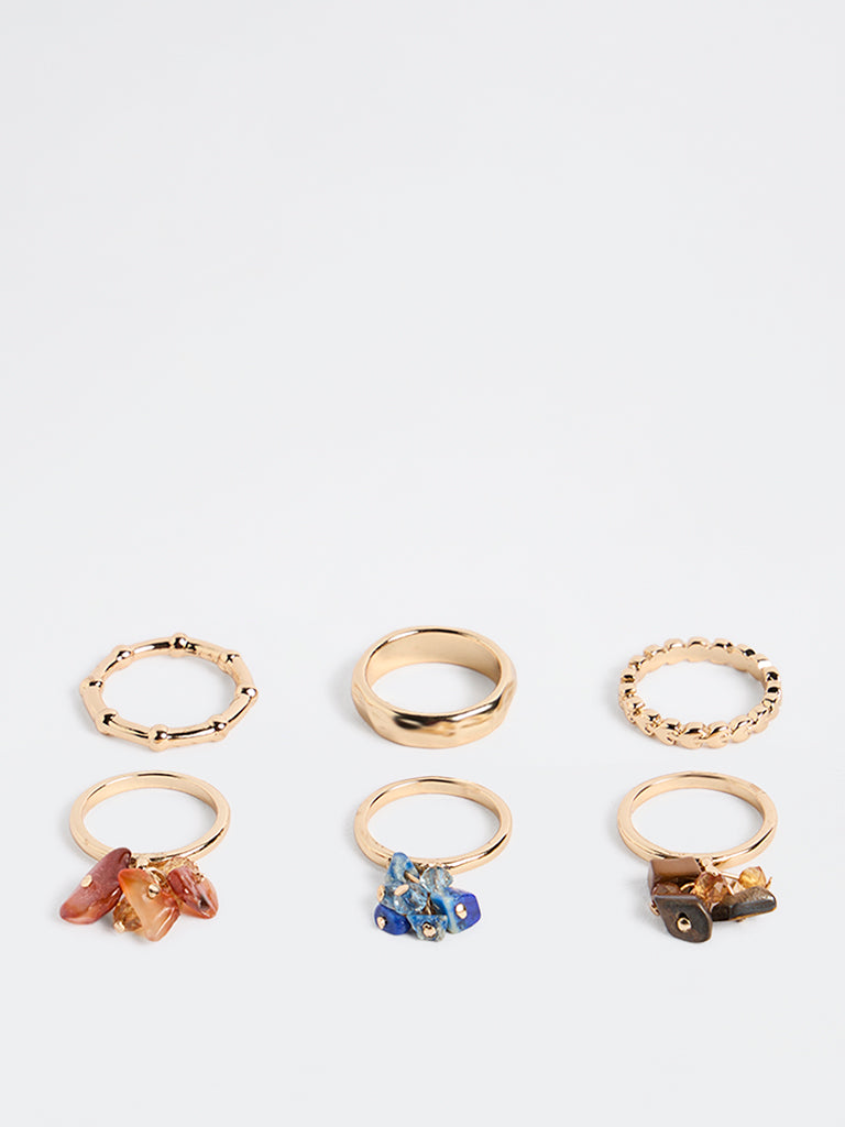Westside Accessories Multicolour Stone Assorted Rings - Pack of 6